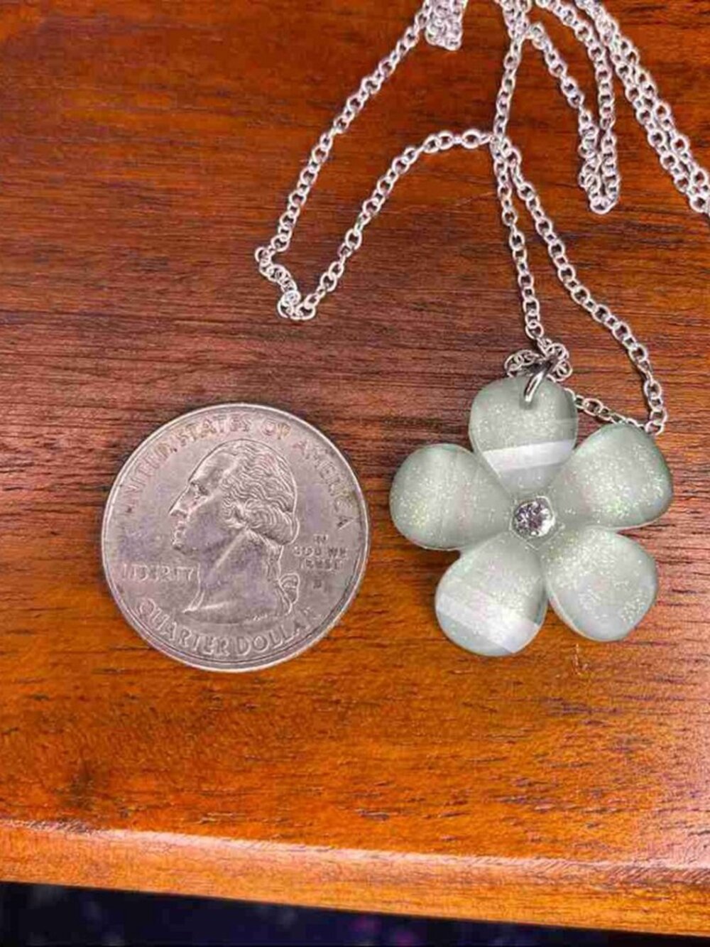 Dainty Mint Green Glitter Flower Necklace Silver Chain Crystal Center Casual Spr